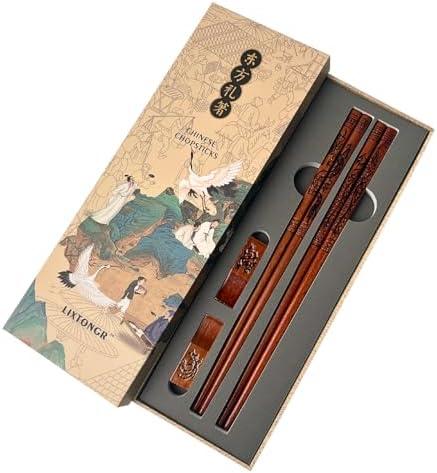 2 Pairs Reusable Wooden Chopsticks Set - Hand-Carved Dragon & Phoenix Design Food-Safe Non-Toxic Japanese Korean Chopsticks with Non-Slip Grip Asian Gift for Family Friends (9 Inch)