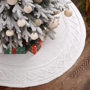 48 inches Christmas Knitted Tree Skirt Decorations Xmas Large White Chunky Cable Farmhouse Thick Rustic Tree Skirt for Merry Christmas Tree Holiday Home Party Decoration