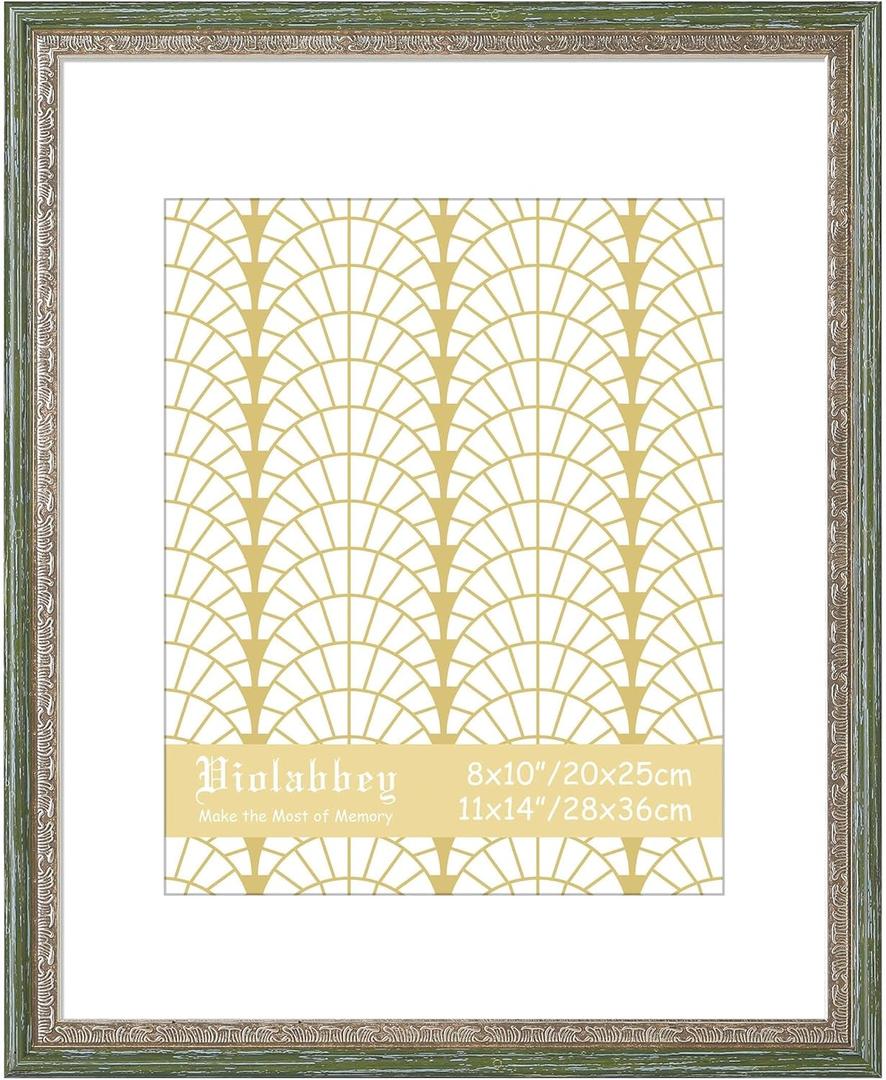 VIOLABBEY 11x14 Picture Frame Green Gold, Display 8x10 Photo with Mat or 11x14 without Mat, Ornate Vintage 11 x 14 Frame for Wall Decor or Tabletop Display, Green Gold