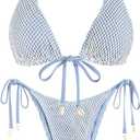 ZAFUL Women Triangle String Two Piece Bikini Fishnet Mesh Tie Shell Decor Tanga 2 Piece Swimsuit (Large, 1-light Blue)