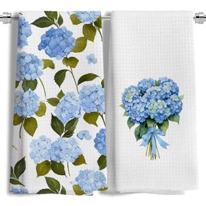 Blue Hydrangea Flower Floral Kitchen Towels Set of 2，Blue Hydrangea Floral Kitchen Bathroom Decor Gifts，16x24 Inch
