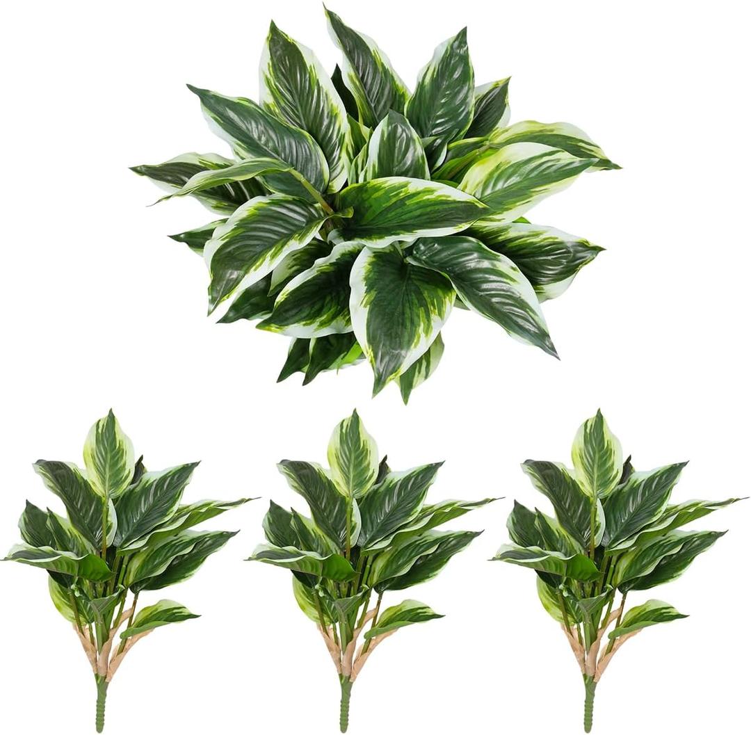 3PCS Artificial Tropical Green Plants  15.75" Fake Hostas Outdoor Artificial Plants, UV Resistant, Faux Green Leaf Stems for Porch, Patio, Balcony, Garden Planter or Indoor Dcor