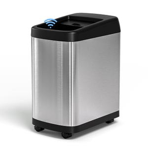 ELLO&ALLO 13 Gallon Kitchen Trash Can with Roll Up Lid, Automatic Touchless Motion Sensor Rectangular Trash Can with Wheels, Brushed Stainless Steel Finish (13 Gallon with Wheels, Black+Brushed)
