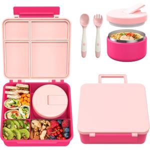 Pawtong Bento Lunch Box with 8oz Soup Thermo, Kids Leakproof Lunch Food Containers with 4 Compartment, Kids Thermo Insulated Hot Food Jar for School, Trvael - (Pink)