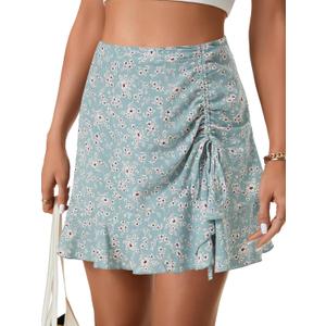Vrtige Women's Boho Floral Print High Waist Drawstring Ruffle Hem Summer Mini Skirt (Blue, S)