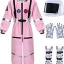 Cuffbow 4 Pcs Astronaut Costume Kids for Halloween, Space Helmet Jumpsuit Gloves Shoe Covers Set for Child Teen Boys (5-7 Years, Pink)