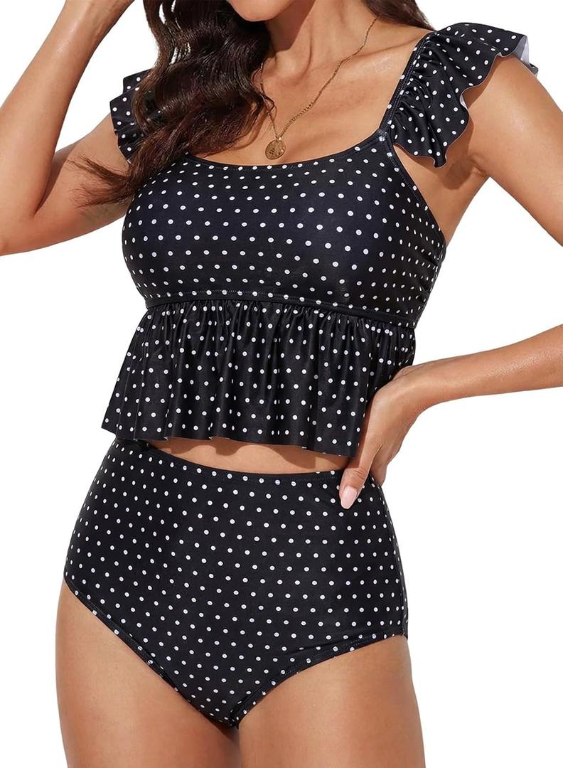 Dokotoo Two Piece Tankini Swimsuits for Women 2026 Square Neck Ruffle Cap Sleeve Bathing Suits Striped Swim Suits (Black, XXL)