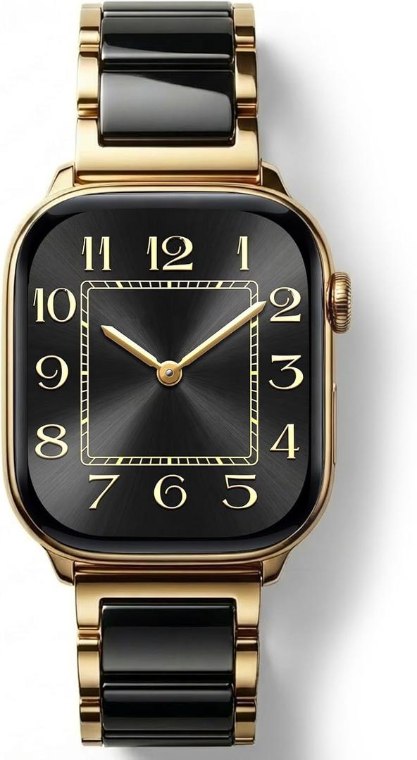 V.R.HOPE Gold Stainless-Steel Metal Resin Apple Watch Band 38mm 40mm 41mm 42mm Fashion Bracelet Strap for Women Compatible with iWatch Series 11/10/9/8/7/6/5/4/3/2/1/SE (Black+Gold)