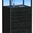 Furnulem Night Stand with Charging Station, Black Nightstand with Drawers and Led Light, Tall Dresser for Bedroom, Bedside Table with Fabric Storage Bins, Metal Frame, Wood Furniture, With Socket and Light