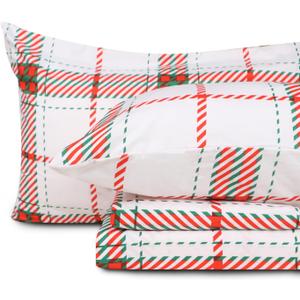Gogreen Christmas Sheet Set 4PC Deep Pocket Queen Size Bedding Set, Breathable & Ultar Soft, Hotel Style Christmas Decor, Gifts for Kids, Women, Men - Christmas Simple Plaid