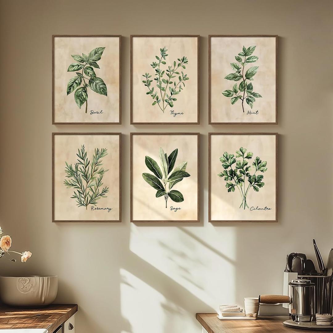 Framed Sage Green Botanical Wall Art for Kitchen, Set of 6 Rustic Herb Canvas Prints Artwork for Modern Farmhouse Walls, Herbs Spices Plant Leaf Pictures for Dining Room Living Room, Bedroom Wall Decor