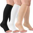 CTHH 3 Pack Open Toe Compression Socks for Women & Men, Toeless Knee High Stockings for Circulation Support, Black White Nude Large-X-Large