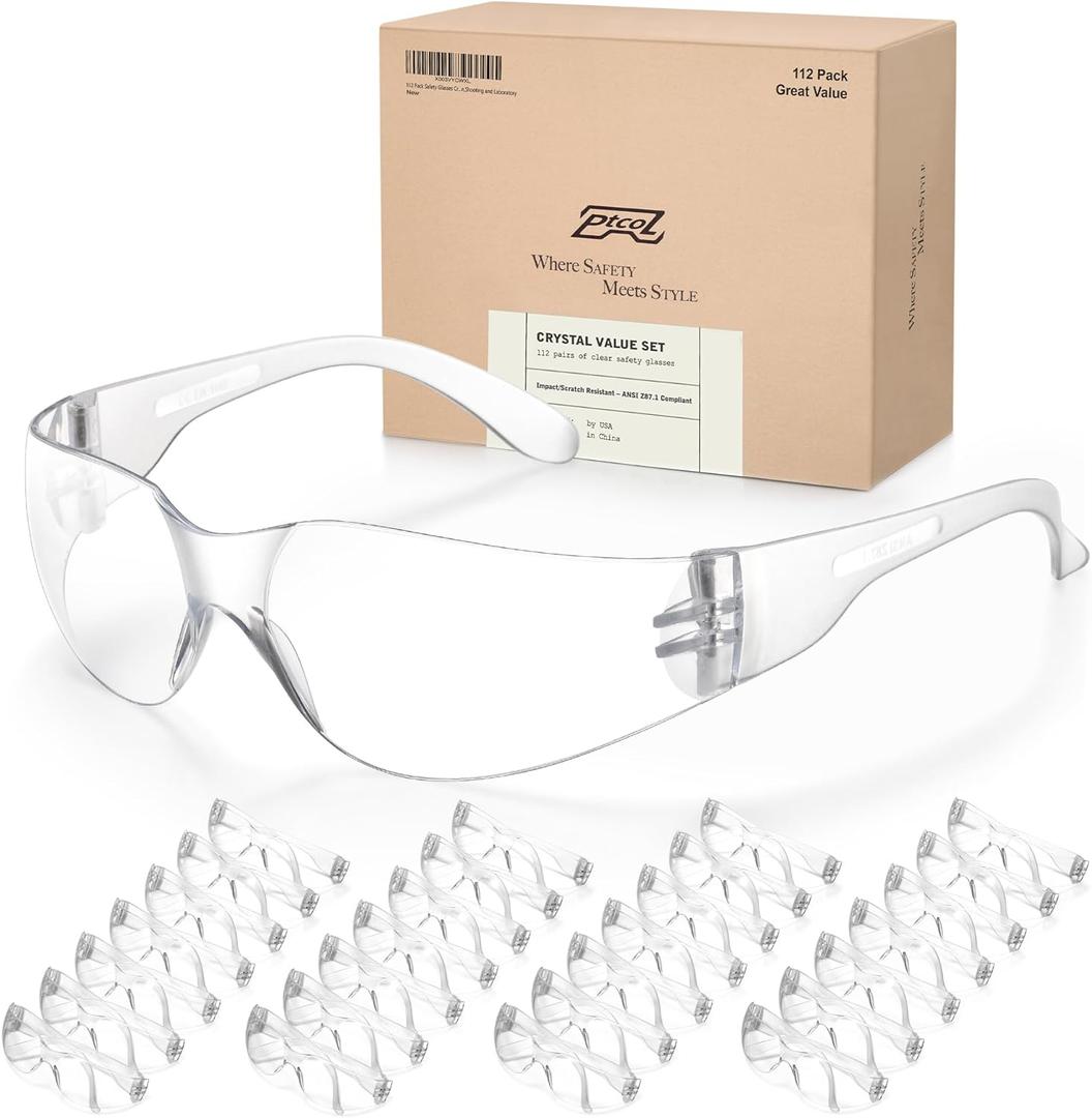 112 Pack Safety Glasses Crystal Clear (Bulk Pack of 24+4) Unisex Anti-Scratch Protective Goggles Impact Resistant Lens Eyewear with ANSI Z87.1 Certified for Construction, Shooting and Laboratory