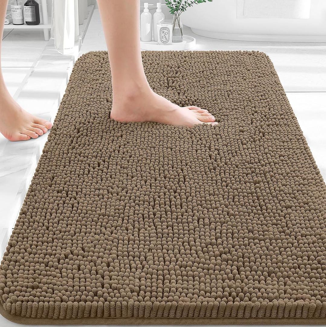 OLANLY Bathroom Rugs 30x20, Extra Soft Absorbent Chenille Bath Rugs, Rubber Backing Quick Dry, Machine Washable Bath Mats for Bathroom Floor, Tub and Shower, Home Decor Accessories, Tan