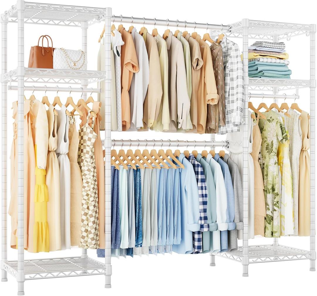 Ulif E7 Heavy Duty Garment Rack, Clothes Organizer and Storage Rack with Expandable Hangers, Metal Clothing Rack with 6 Wire Shelves, (52.3"-72") W x 14.5" D x 71.2" H, Load 838 LBS, White