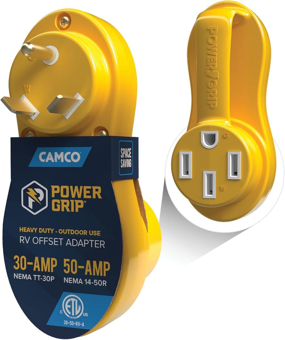 Camco Power Grip Electrical Offset Adapter - 30 amp to 50 amp RV Power Adapter - Offset Design to Relieve Cord Stress (55133)