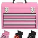 3 Drawers small Tool Box,Portable 3 Drawer Steel Tool Box with Locking System toolbox organization with Liner for Tools Storage (Pink)