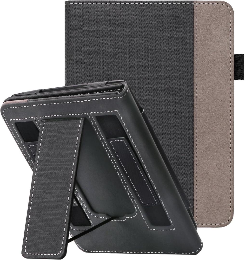 WALNEW Stand Case for 7-inch Kindle Paperwhite 12th Generation (2024 Released) and Kindle Colorsoft Signature Edition, Two Hand Straps Shell PU Leather Cover with Auto-Wake/Sleep (Black)