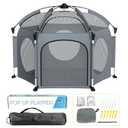 PRObebi Portable Pop Up Playpen for Babies and Toddlers - Grey Lightweight Outdoor Play Yard with Three Sun-Shade - Beach and Indoor Use with Travel Bag