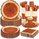 200 Pieces Camping Wood Grain Slice Party Supplies Set Paper Plate Cup Napkin for Camping Woodland Baby Shower Lumberjack Birthday Featuring a Round Wooden Slice Die Cut Edge Design Serve 25