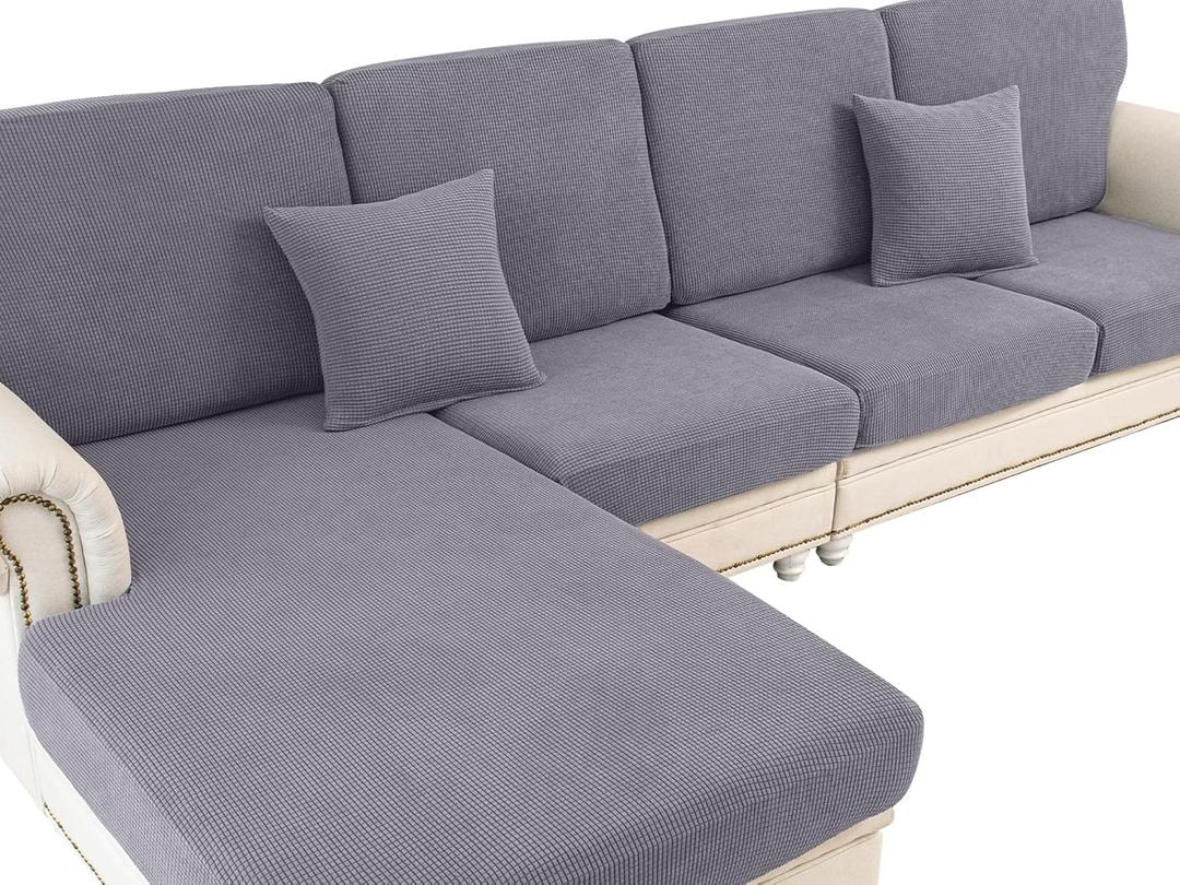 LA MEACK Couch Cushion Covers for Sectional Sofa L Shape Washable Separate Seat Chaise Couch Cover Stretch Sofa Slipcovers with 2 Pcs Pillowcases(2 Seater + 1 Chaise, Light Grey)