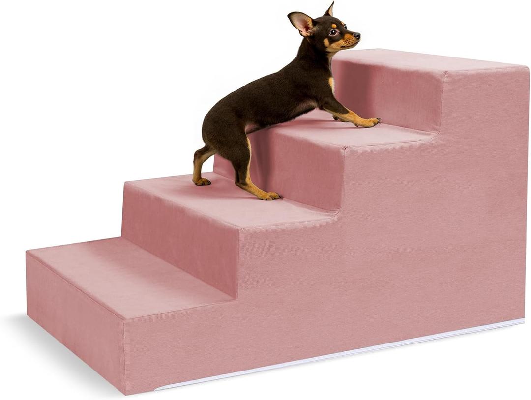 Pet Stairs for Small Dogs & Cats - 3/4/5 Steps, Non-Slip Extra Wide Design, Gentle Angle for Joint Protection, High Density Foam, Washable Cover, Fits Beds & Couches, 4 Steps-Warm Pink, 
28"D x 18"W x 17"H