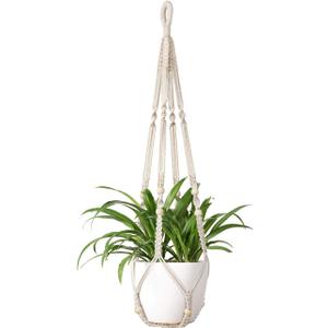 Mkono Macrame Plant Hanger Indoor Hanging Planter Basket with Wood Beads Decorative Flower Pot Holder No Tassels for Indoor Outdoor Boho Home Decor 35 Inch, Ivory, Set of 1 (POT NOT Included)