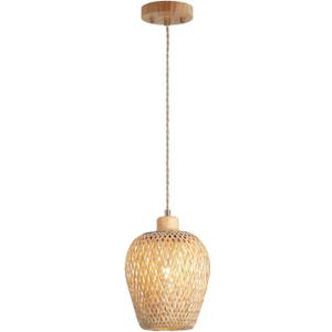 Bamboo Pendant Light Fixture One-Light Adjustable Boho Basket Handmade Woven Mini Pendant Lighting for Kitchen Island Sink Farmhouse Home