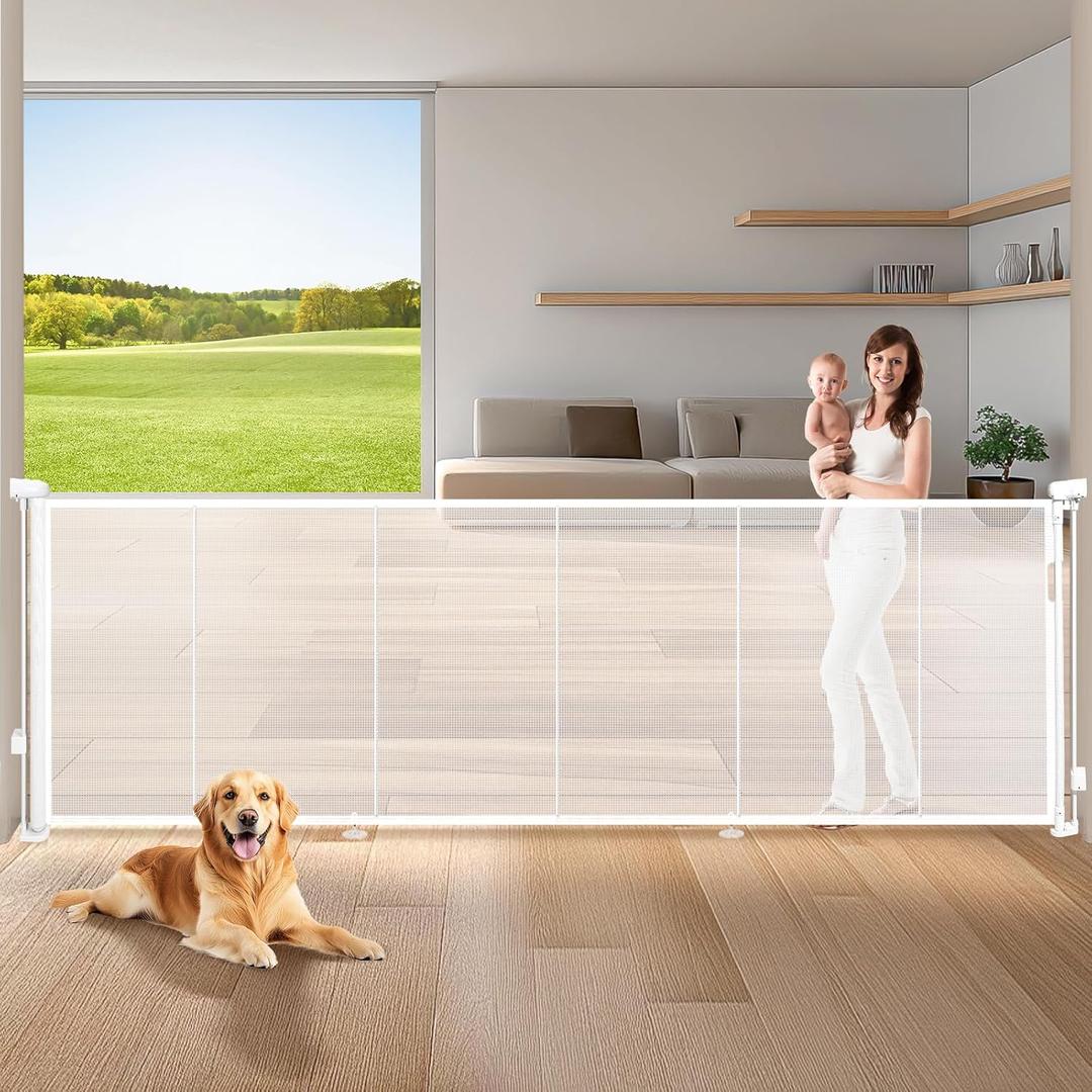 120" Extra Wide Retractable Baby Gates Mesh Gate, Long Retractable Dog Gate for Large Opening, 42" Extra Tall Child Safety Gate Pet Gate with Support Rods for Stairs Hallways Doorways Indoor Outdoor (42" Tall x 120" Wide, White)