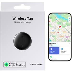 4-Pack Air Tracker Tags: [Apple MFi Certified] Works with Apple Find My (iOS Only) for Worldwide Tracking, Bluetooth Locator with Replaceable Battery for Keys, Pets, Cars, Luggage, Backpacks