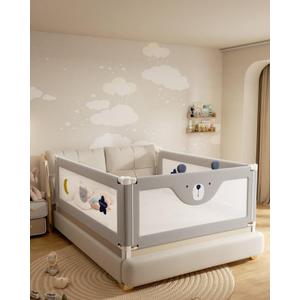 3 Piece Bed Rails for King Size Bed, No-Drill Needed Baby Bed Rail Guard for Toddlers with Height Adjustable, Thickened Child Safety Side Railing Guards/Bedrail for Kids, Little Bear Grey, 74.8x78.7x78.7in