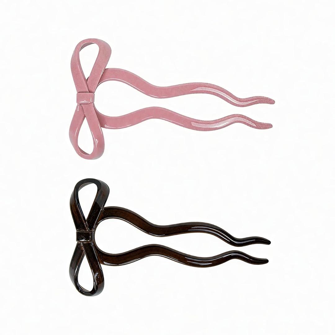 2PCS Vintage French Hair Pins,U-Shaped Bun Twist Hair Forks for Women with Large Pink & Black Bow, Long Prong Updo Hair Sticks, Medium Hair Accessories for Long Thick Fine Hair