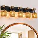 LmnLvn 36" Boho Bathroom Light Fixture, 5-Light Farmhouse Vanity Light, Rattan Bathroom Light Fixture Over Mirror Rustic Vanity Lighting with Handwoven Shades, Suit for Restroom, Bedroom, Hallway