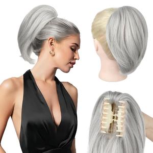 Ponytail Extension - 10" Short Claw Clip in Ponytail Hair Extensions Messy Bun Hair Piece Natural Soft Synthetic Straight Pony Tail Hair Pieces for Women - Silver Grey