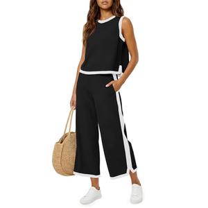 Fisoew Womens 2 Piece Outfits Summer Sleeveless Wide Leg Capris Tracksuits Casual Cotrast Colors Lounge Sets, Size XL