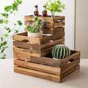 Venalys Set of 3 Nesting Wooden Crates, Rustic Wooden Storage Container Boxes with Cutout Handles, Decorative Farmhouse Wood Baskets for Display (Natural)