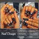 Handmade Press On Nails Stiletto, Black Press On Nails long, Glitter Heart Rhinestone Nails With Bow For Women Gift, Reusable Stick On Fake Nails Kit With Nail Glue (Black Coquette-L)