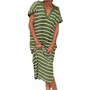 Saodimallsu Womens Striped Summer Dresses Short Sleeve V Neck Knit Collared Sexy Slit Loose Maxi Sweater Dress M