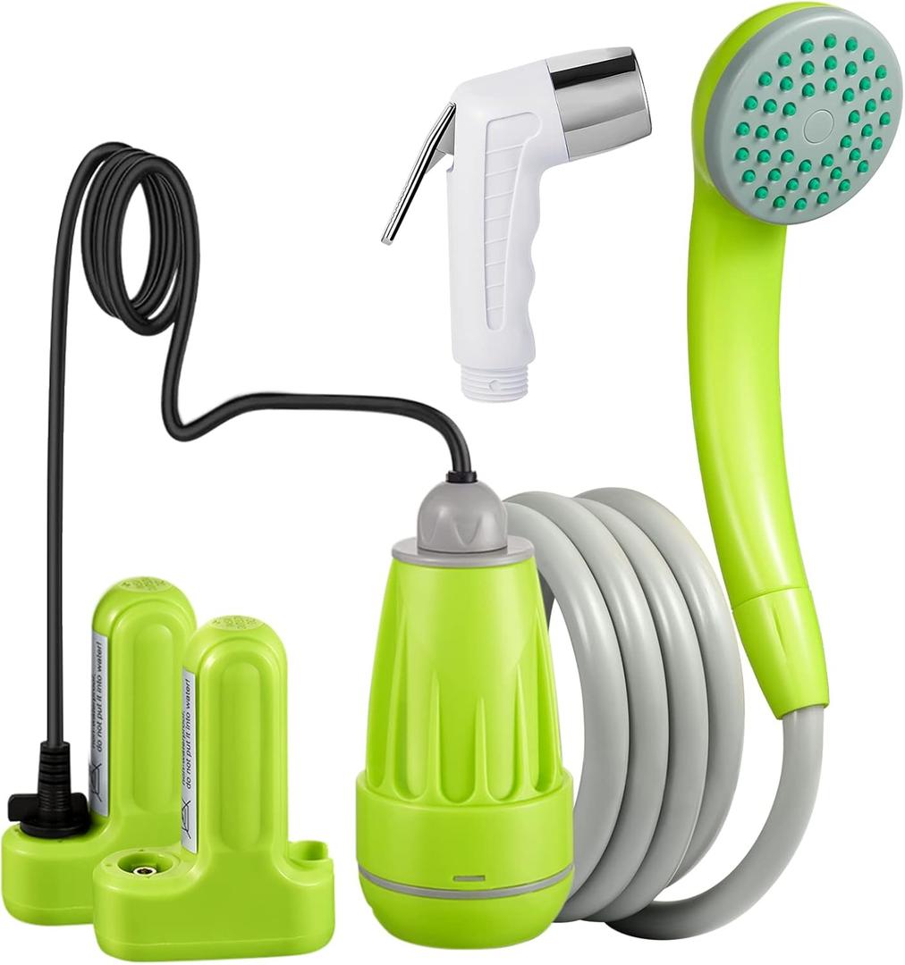 KEDSUM Portable Shower, Portable Camp Shower Pump with Rechargeable Battery, Portable Shower for Camping, Portable Outdoor Shower Head for Camping, Hiking, Traveling(+ Handheld Sprayer) (Green-2 Batteries)