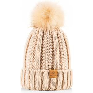 PAGE ONE Womens Winter Thick Cable Knit Beanie Faux Fur Pom Hat Fleece Lined Skull Cap (One Size, Beige)
