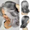 SEVENCOLORS Layered Grey Silver Wigs for White Women Short Mixed Gray Wig with Curtain Bangs Synthetic Hair Medium Length Bob Wigs, Mixed silver