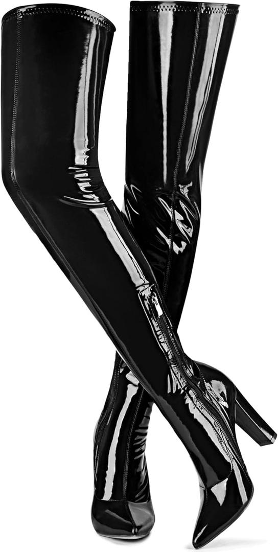 Women Thigh High Boots Chunky Heel Over The Knee Boots Patent Leather PU Stretchy Tall Boots Sexy Pointed Toe Fashion GOGO Boots Prom Party Knee High Boots (6, Black)