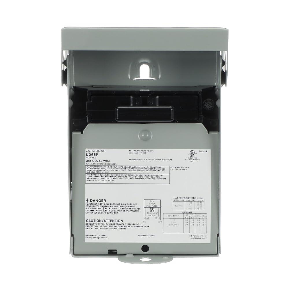 MIDWEST U065P  Weatherproof Non-Fusible AC Disconnect Switch  Metallic Non-Fused  AC Disconnect  60A 240V  1 Phase N3R  Horsepower Rated