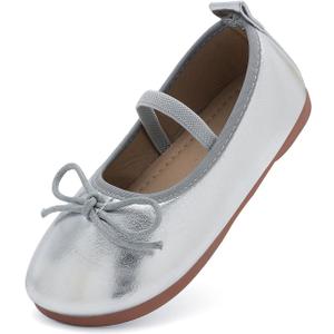 Toddler Girls Dress Shoes Mary Jane Flats School Uniform Oxfords Wedding Party Bow Flower Shoes Comfort Loafers (Silver), Size 31