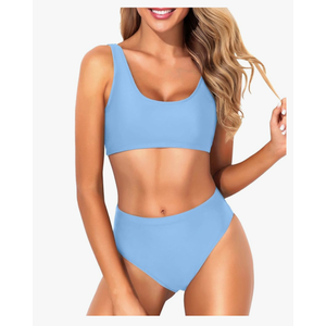 Tempt Me Women Black Two Piece Scoop Neck Bikini Crop Top Swimsuit Sporty High Waisted Bathing Suit Suit Medium,Light Blue