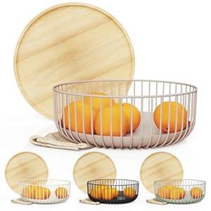 LIBKEN Fruit Basket for Kitchen - Multi-Purpose Stackable Basket with Wooden Lid - Powder Coated Metal and Rubber Wood - Wire Baskets for Organizing - Minimal Design - 11.4''x11.4''x4.5'' - Peach