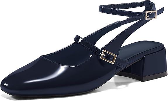 Coutgo Womens Mary Jane Chunky Low Heels Closed Square Toe Ankle Strap Pumps Wedding Party Dress Shoes (8, Navy)