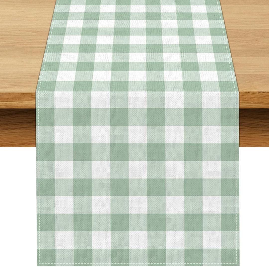 Sage Green Gingham Party Table Runner Green and White Checkered Plaid Decorations for Birthday Bridal Baby Shower Home Dining Kitchen Island Decor (13" x 120")