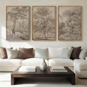 Extra Large Wall Art Framed Vintage Tree Sketch Antique Botanical Forest Prints Rustic Farmhouse Nature Decor for Living Room Bedroom Office 24"x36" Set of 3