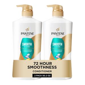 Pantene Conditioner, Smooth and Sleek - Frizz Control with Antioxidants, Nourishing for All Hair Types - Curly, Dry, Color-Treated, 25.1 Oz Each, 2-Pack + Miracle Rescue Shot (0.5 Oz)